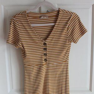 mustard yellow, and white striped dress